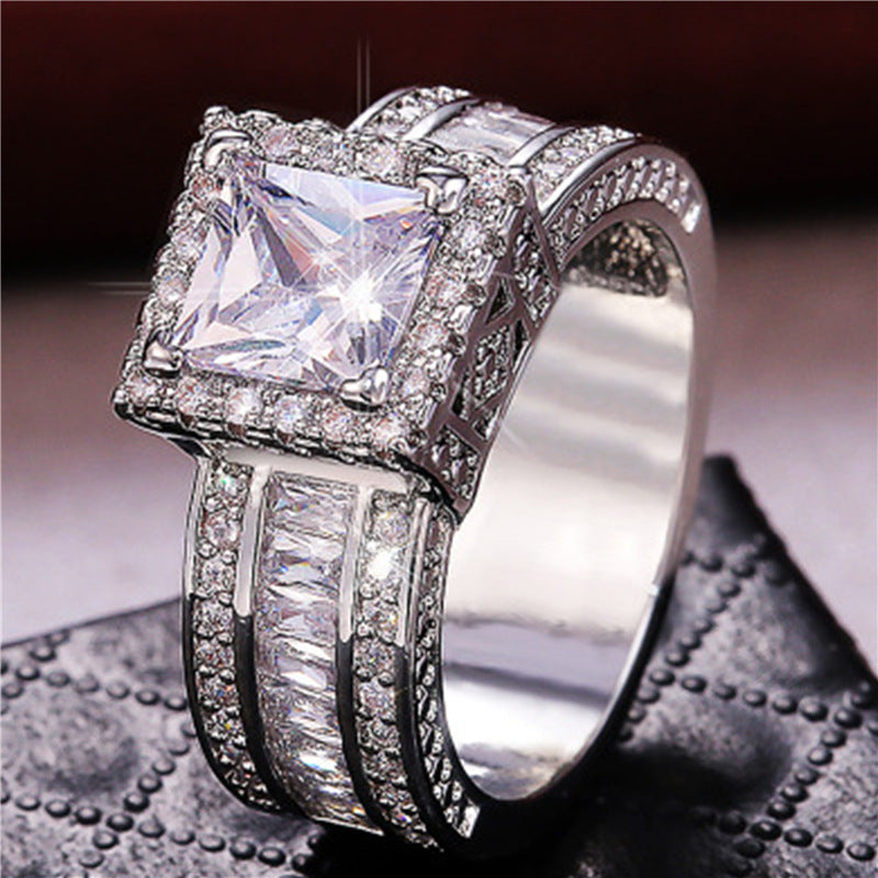 White Gold Square Rhinestone Ring – Geometric Glam with a Modern Edge