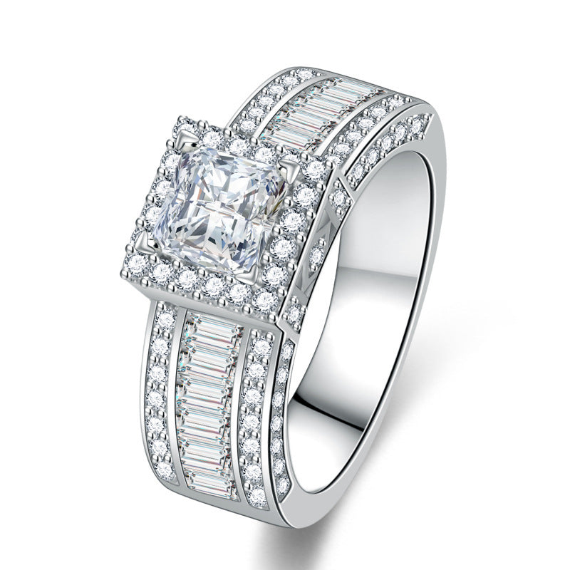 White Gold Square Rhinestone Ring – Geometric Glam with a Modern Edge