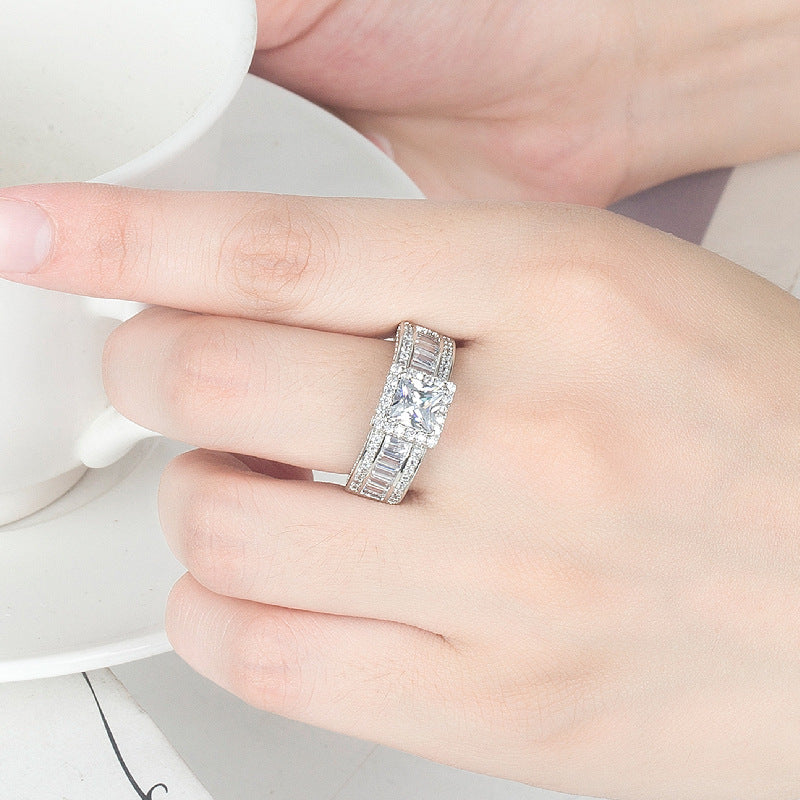White Gold Square Rhinestone Ring – Geometric Glam with a Modern Edge