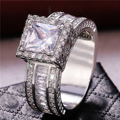 White Gold Square Rhinestone Ring – Geometric Glam with a Modern Edge