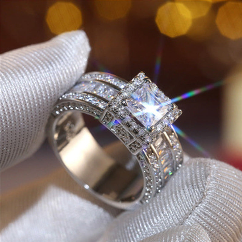White Gold Square Rhinestone Ring – Geometric Glam with a Modern Edge